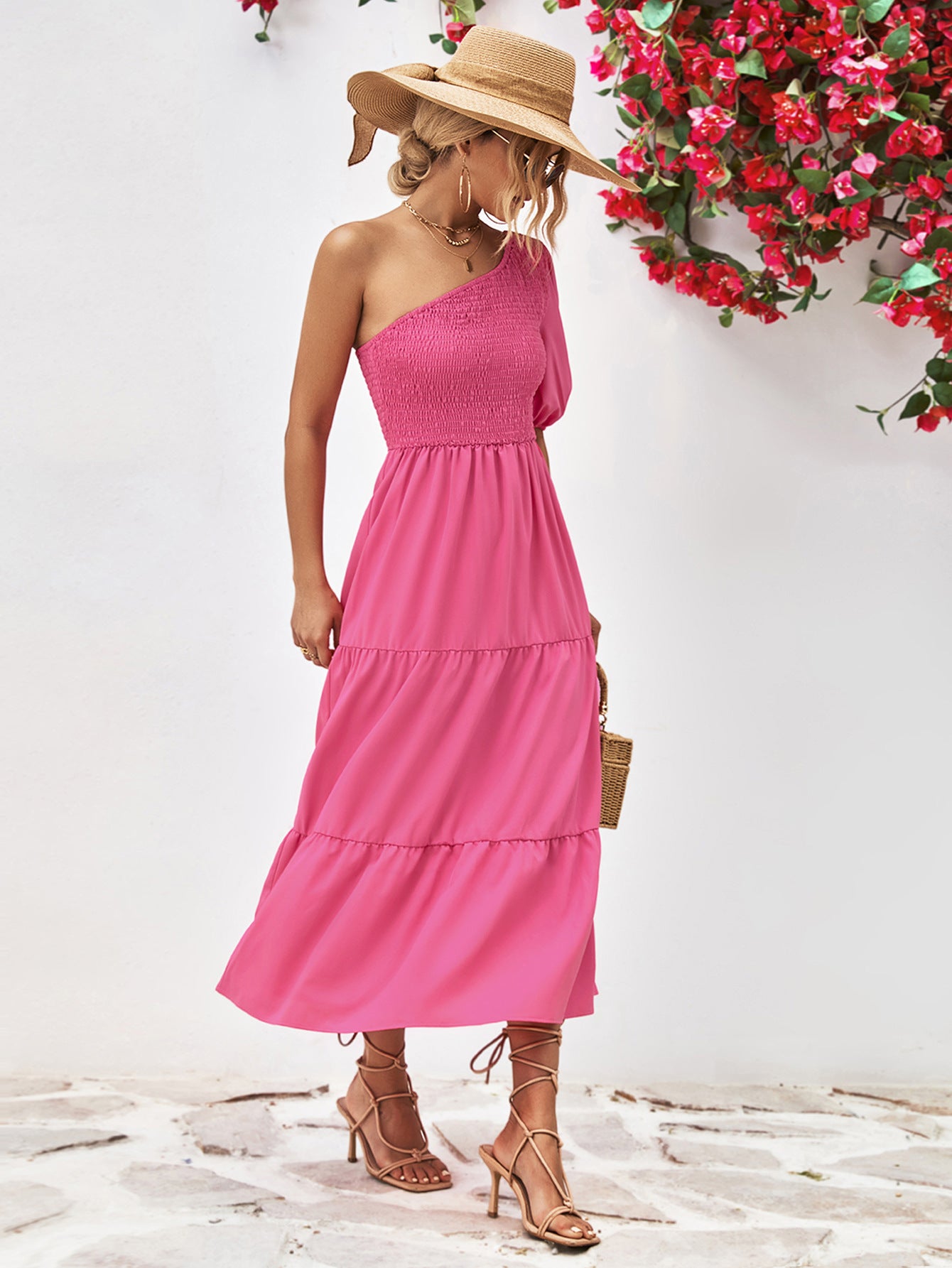 Smocked One-Shoulder Midi Dress – Trendsi | ClozArt