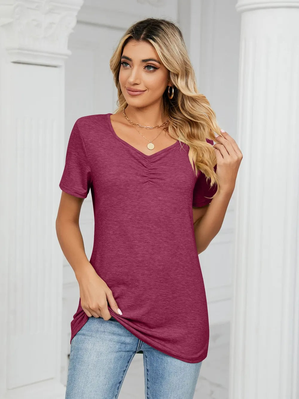Ruched V-Neck Short Sleeve T-Shirt – Trendsi | ClozArt