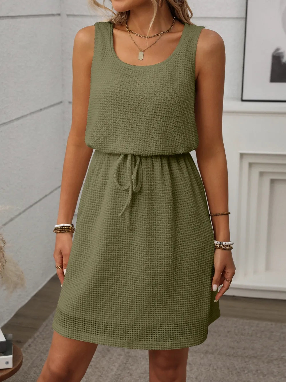 Waffle-Knit Drawstring Mini Tank Dress – Trendsi | ClozArt