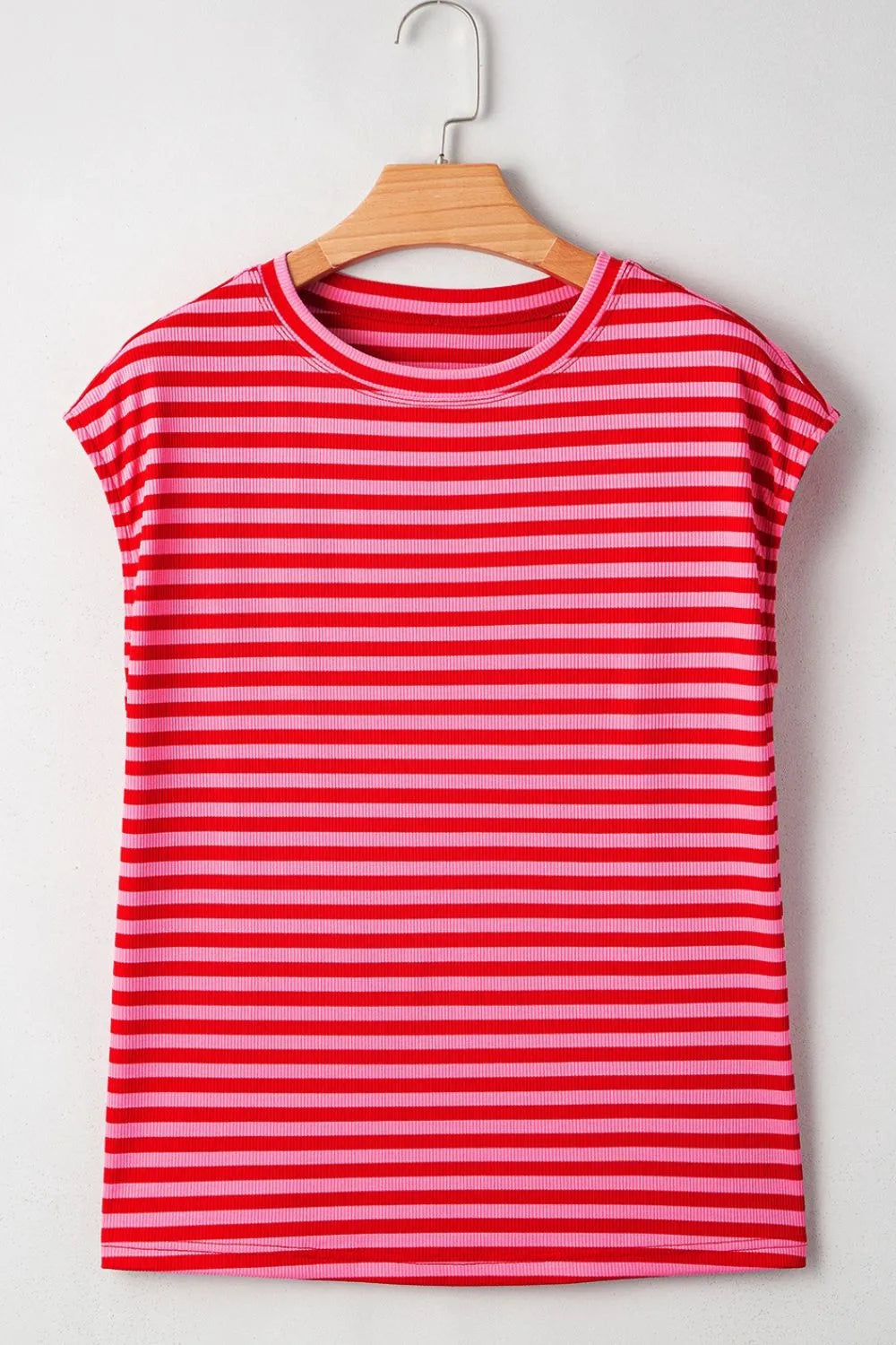 Stripe Ribbed Cap Sleeve Round Neck T Shirt – Trendsi | ClozArt
