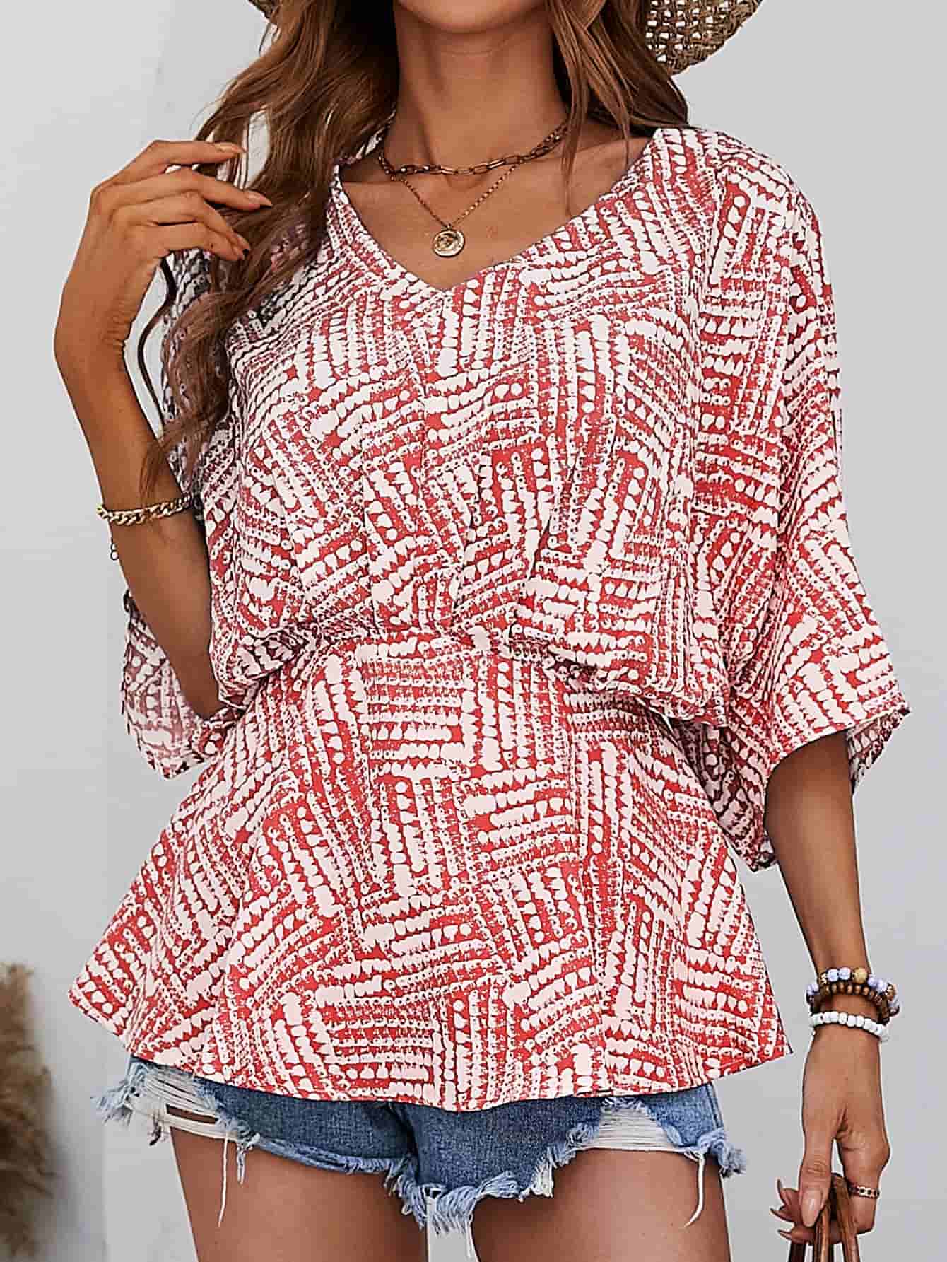 Printed V-Neck Dolman Sleeve Blouse – Trendsi | ClozArt