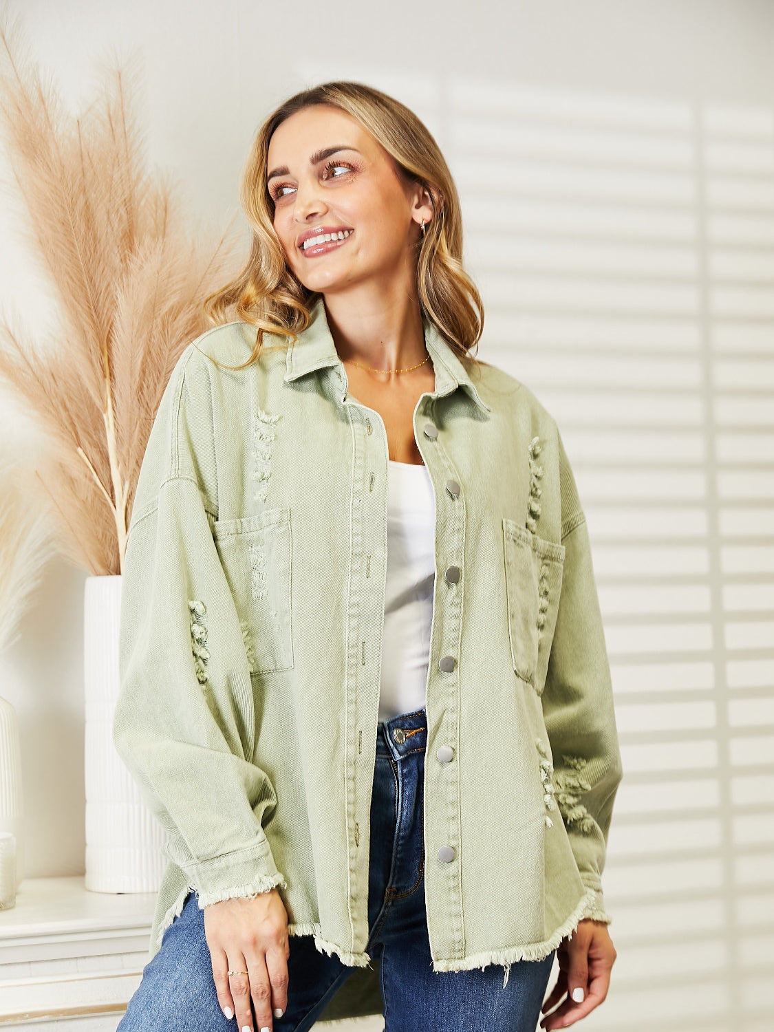 Distressed Raw Hem Denim Jacket – Trendsi | ClozArt