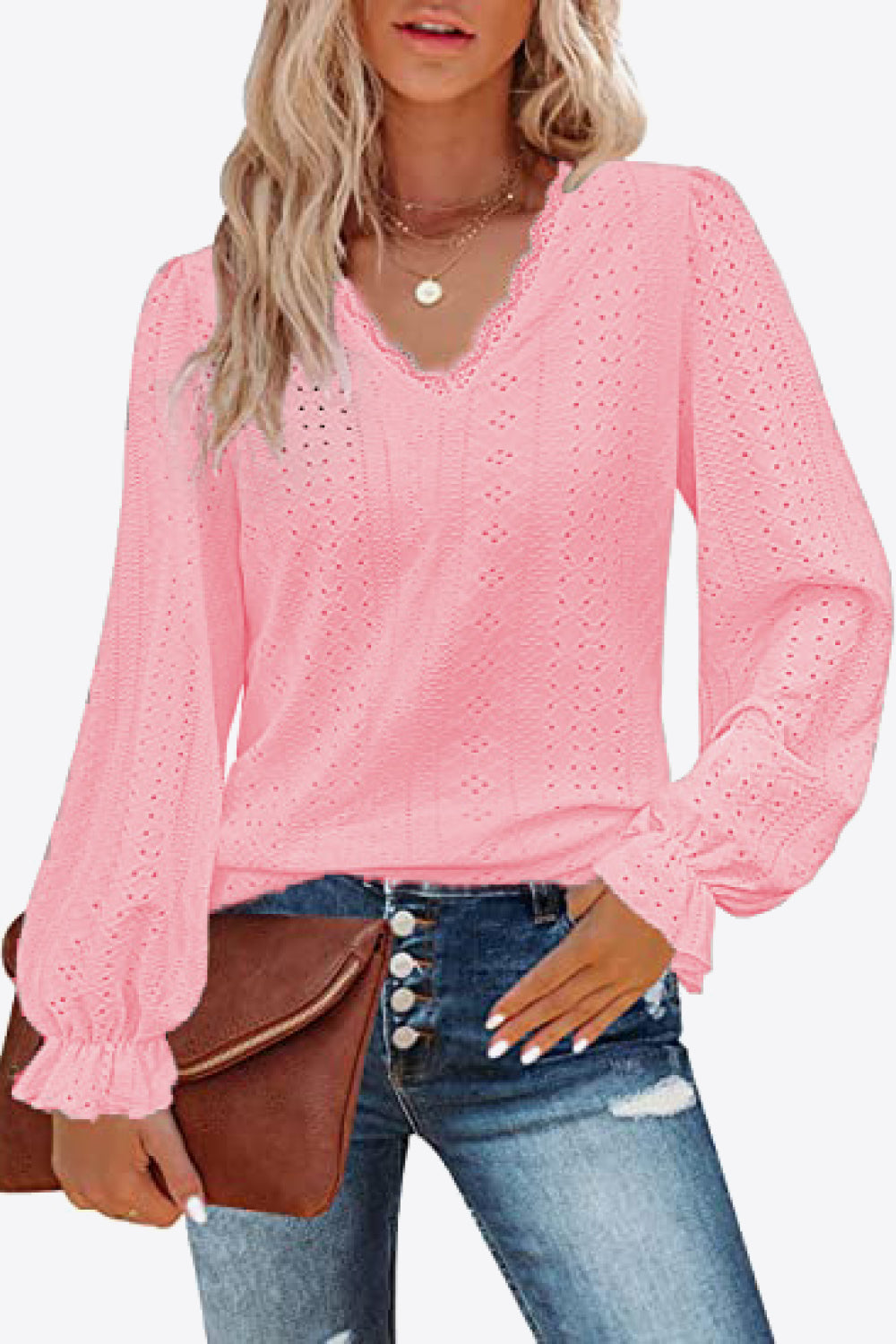 Eyelet V-Neck Flounce Sleeve Blouse – Trendsi | ClozArt