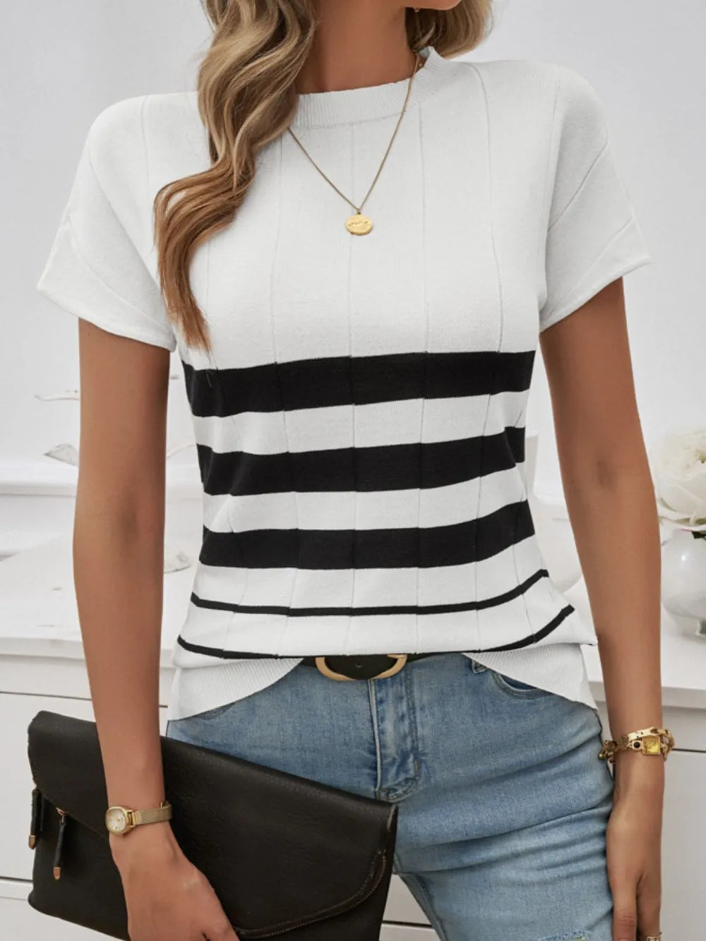 Devine Striped Round Neck Short Sleeve Knit Top – Trendsi | ClozArt