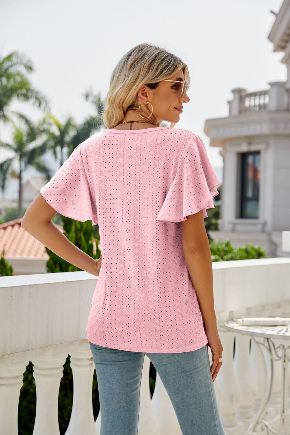 Eyelet Flutter Sleeve Round Neck Top – Trendsi | ClozArt