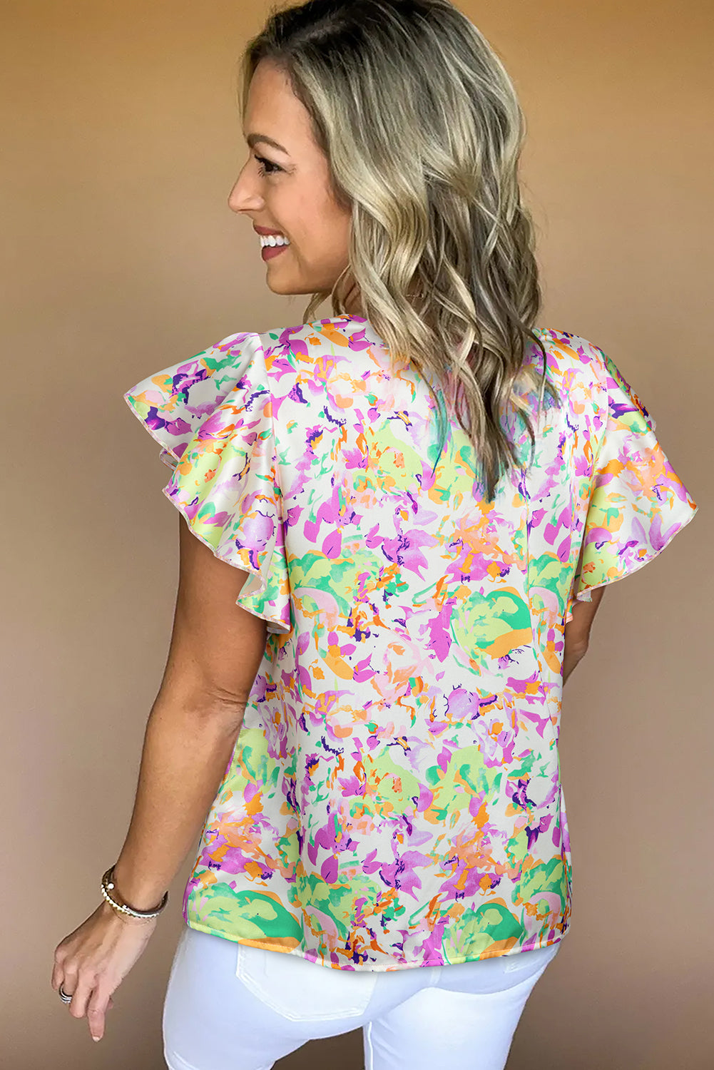 Purple Abstract Print Ruffled Short Sleeve Notched Neck Blouse – Shewin | ClozArt