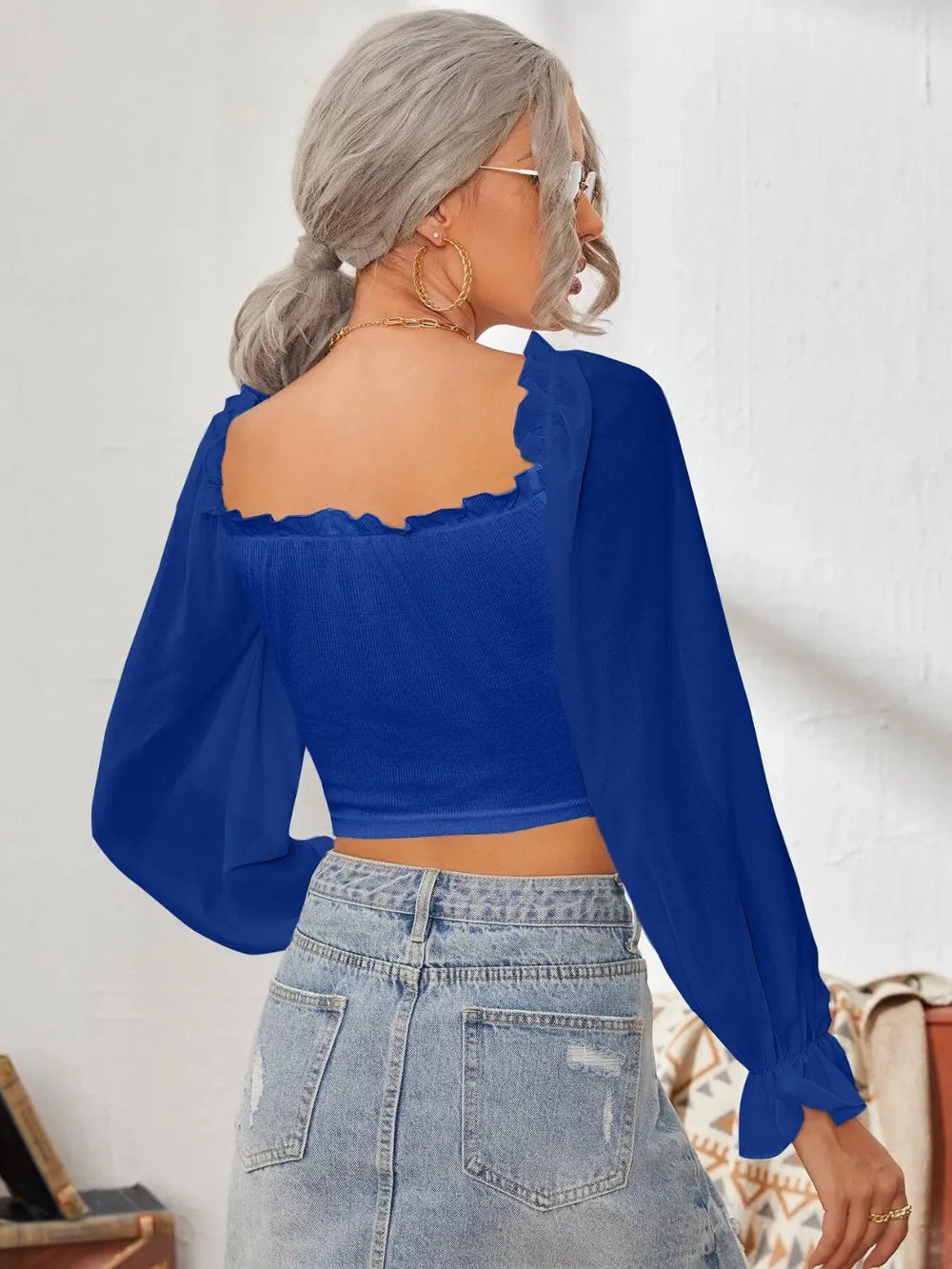 Mesh Sweetheart Neck Flounce Sleeve Top – Trendsi | ClozArt