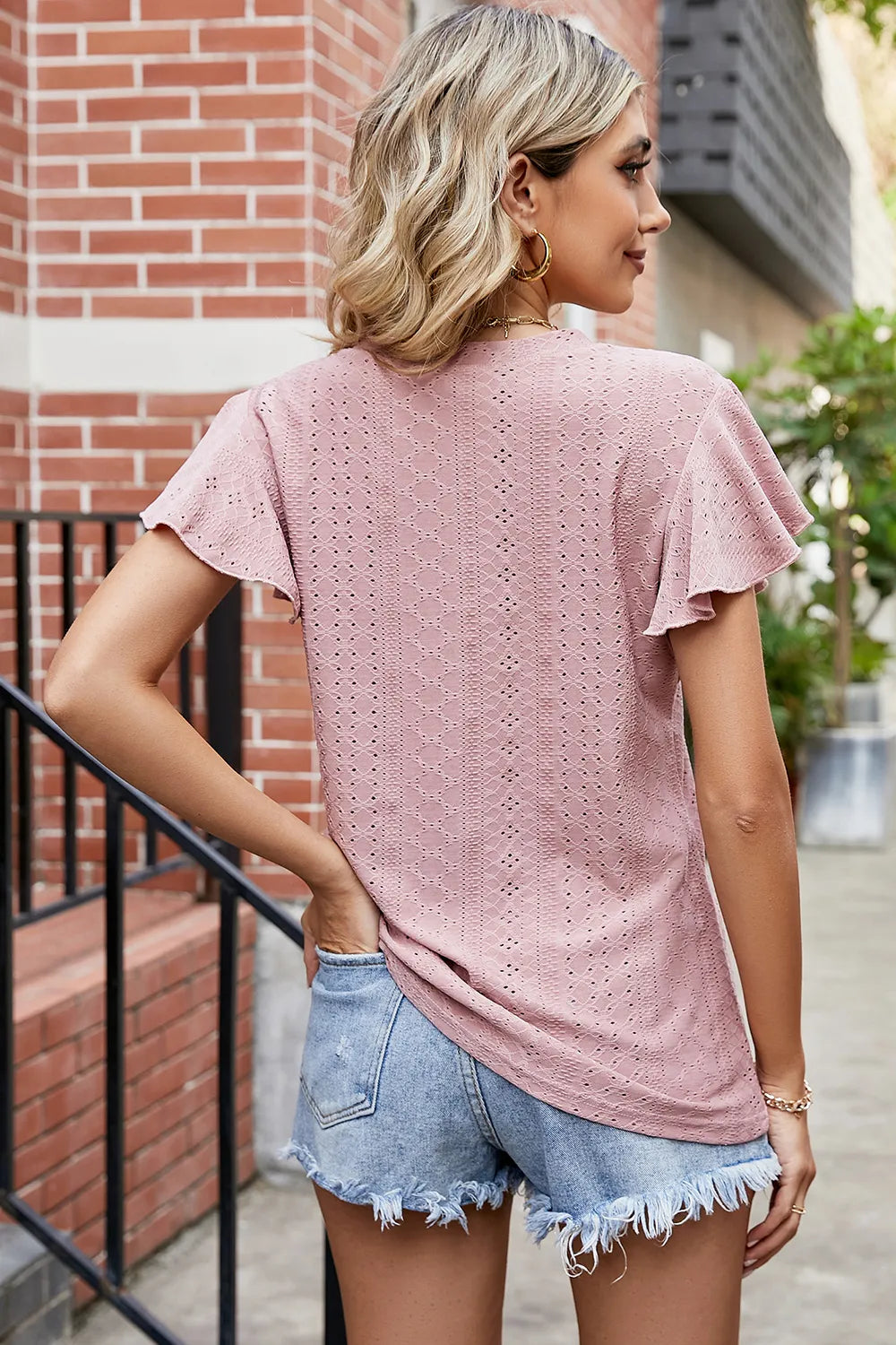 Eyelet V-Neck Flutter Sleeve T-Shirt – Trendsi | ClozArt
