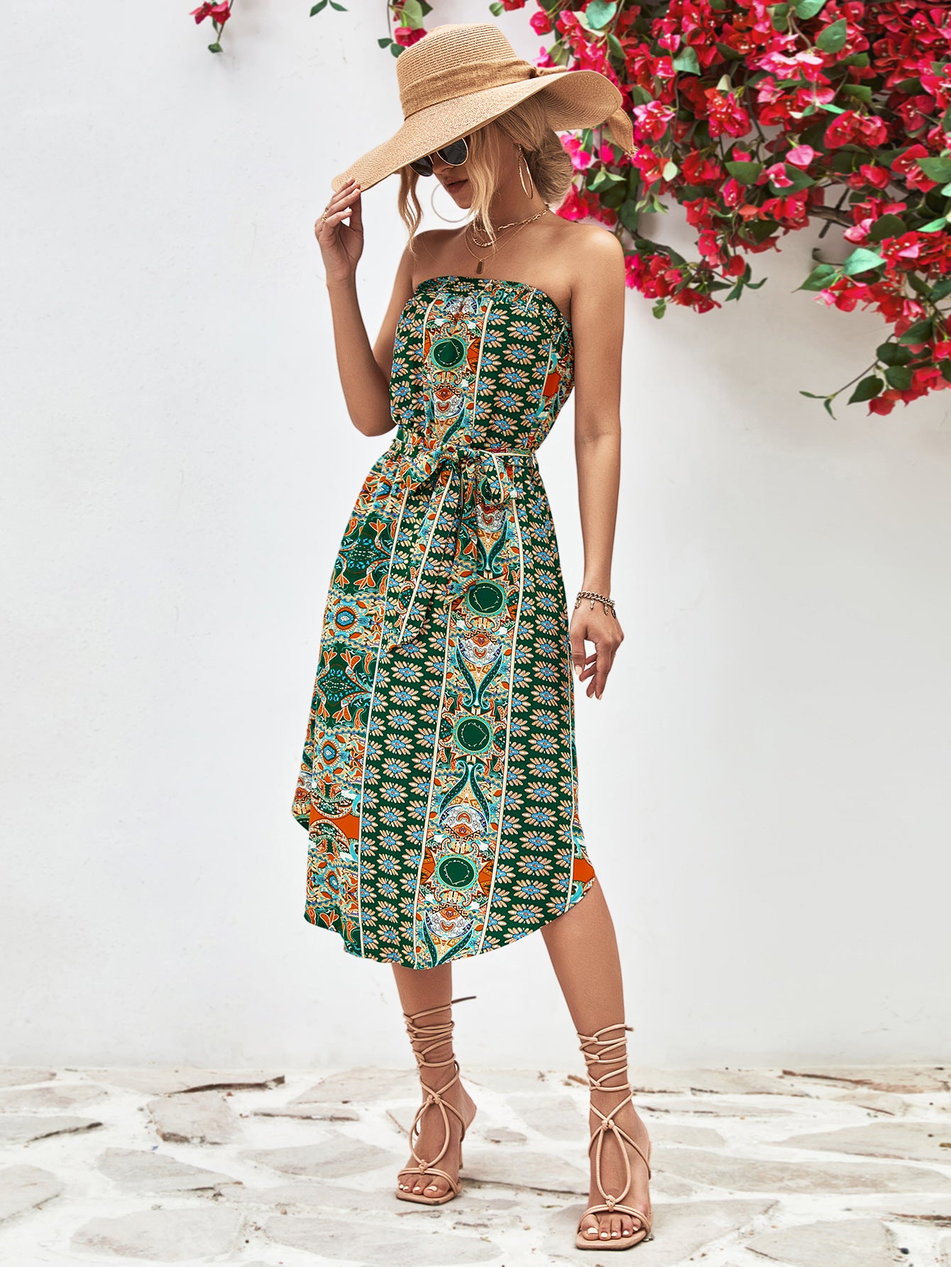 Printed Strapless Tie Belt Dress – Trendsi | ClozArt