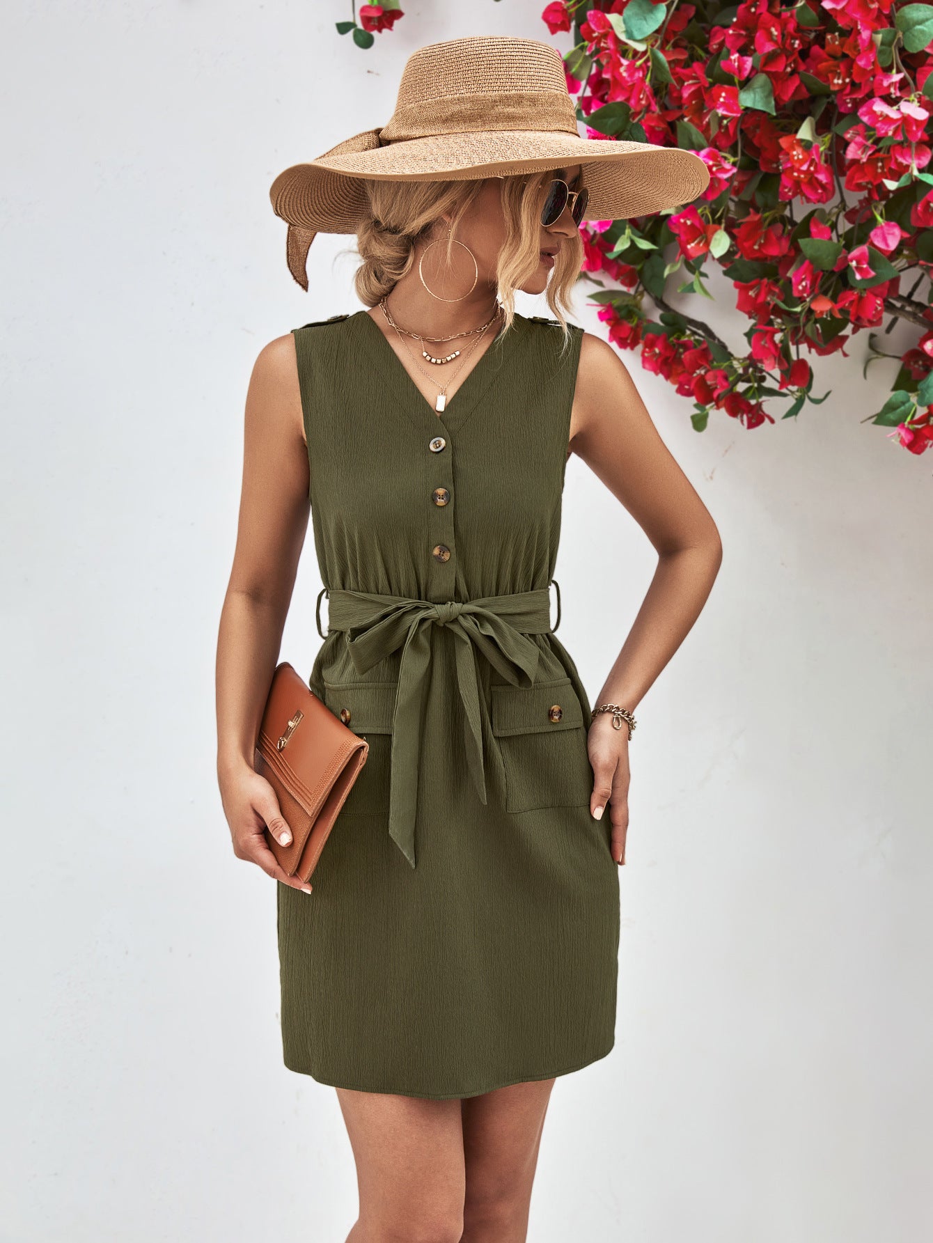 Buttoned V-Neck Belted Sleeveless Dress – Trendsi | ClozArt