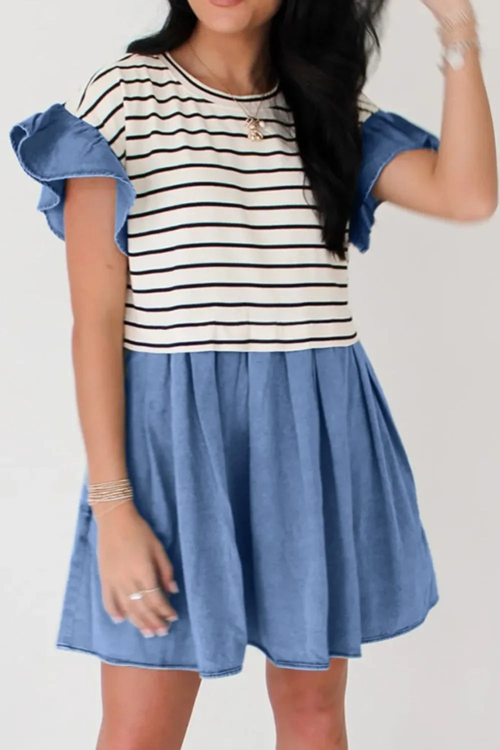 Stripe Ruffle Denim Patchwork Round Neck Mini Dress – Trendsi | ClozArt