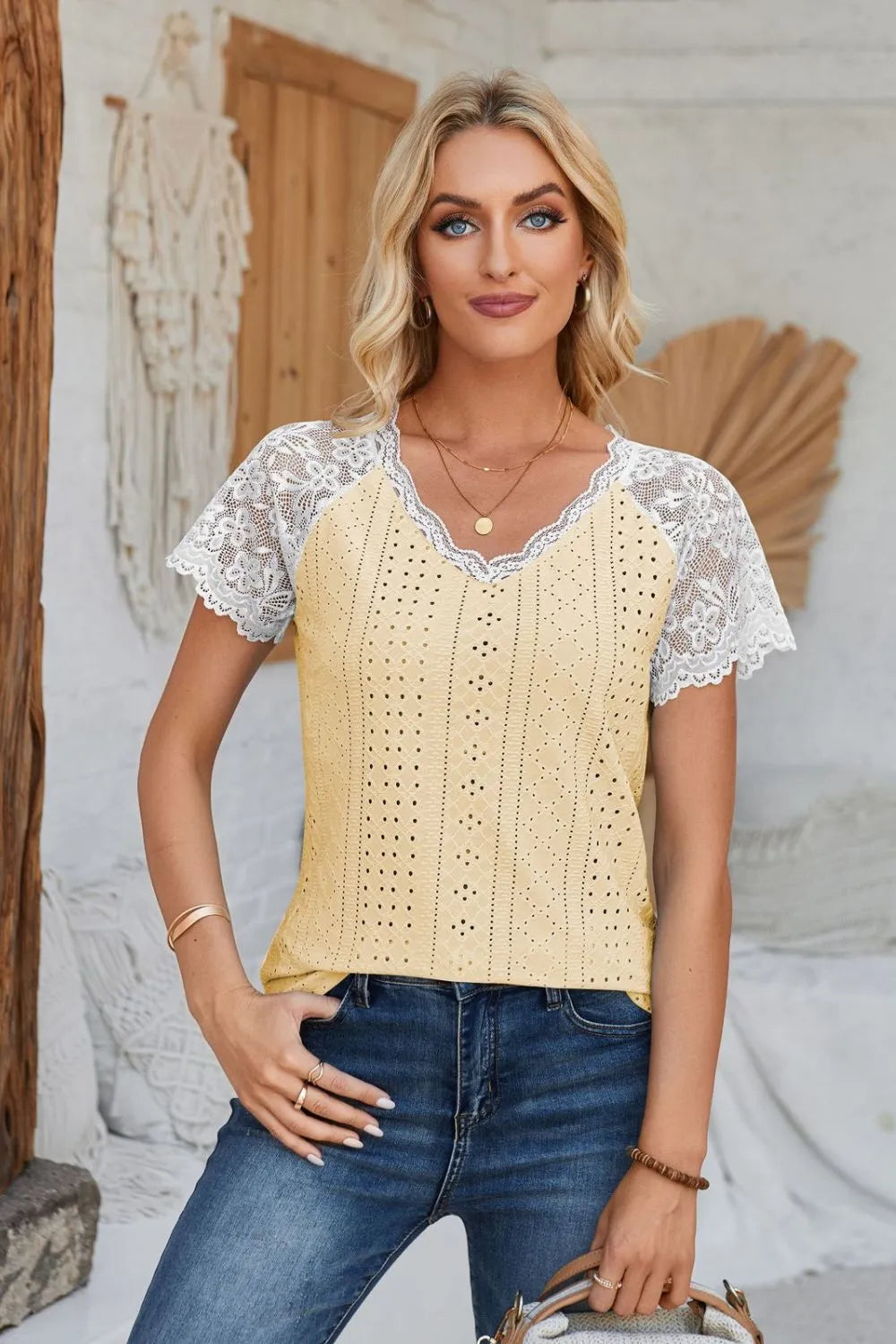 Eyelet V-Neck Lace Short Sleeve T-Shirt – Trendsi | ClozArt
