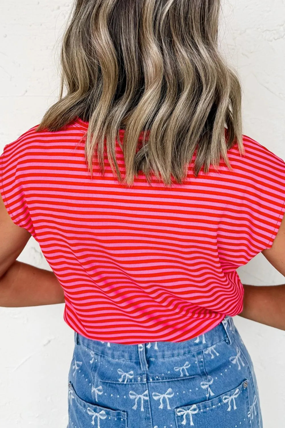 Stripe Ribbed Cap Sleeve Round Neck T Shirt – Trendsi | ClozArt