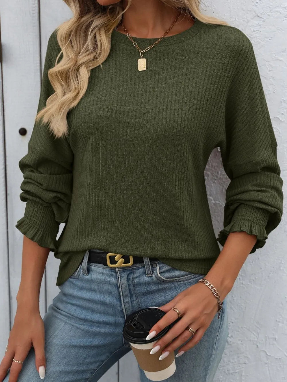 Mandy Ribbed Round Neck Long Sleeve T-Shirt – Trendsi | ClozArt