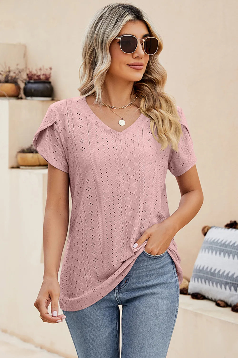Eyelet V-Neck Petal Sleeve T-Shirt – Trendsi | ClozArt