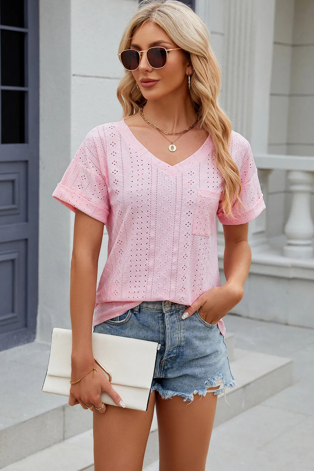 Eyelet V-Neck Short Sleeve T-Shirt – Trendsi | ClozArt
