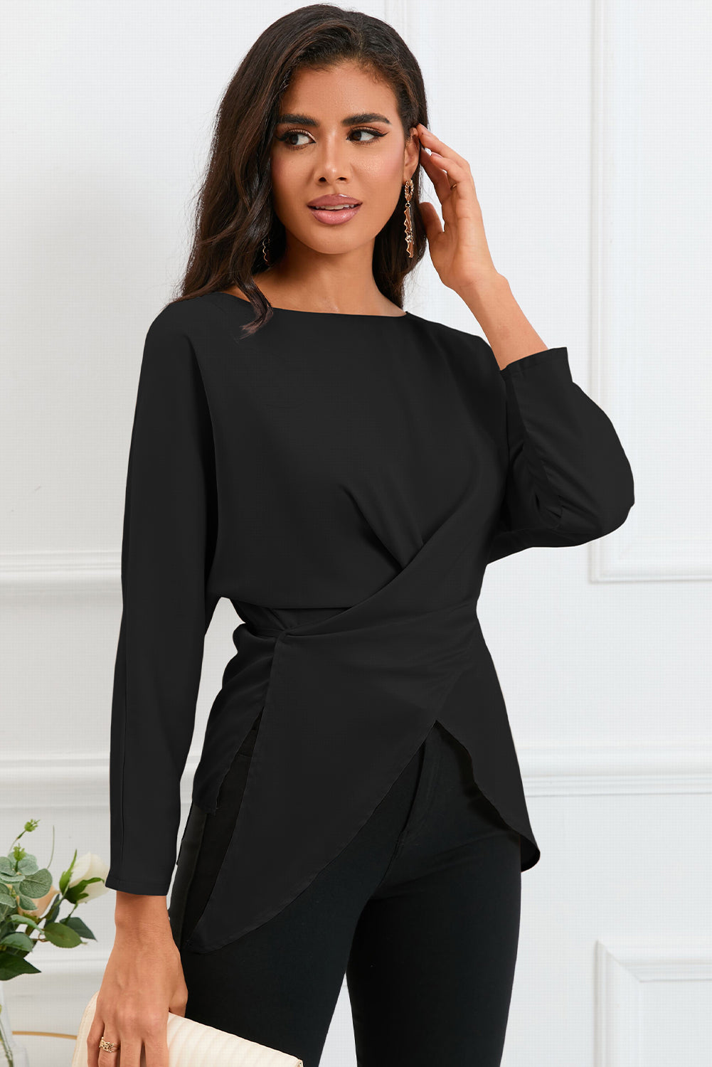Boat Neck Back Tie Long Sleeve Satin Blouse – Trendsi | ClozArt