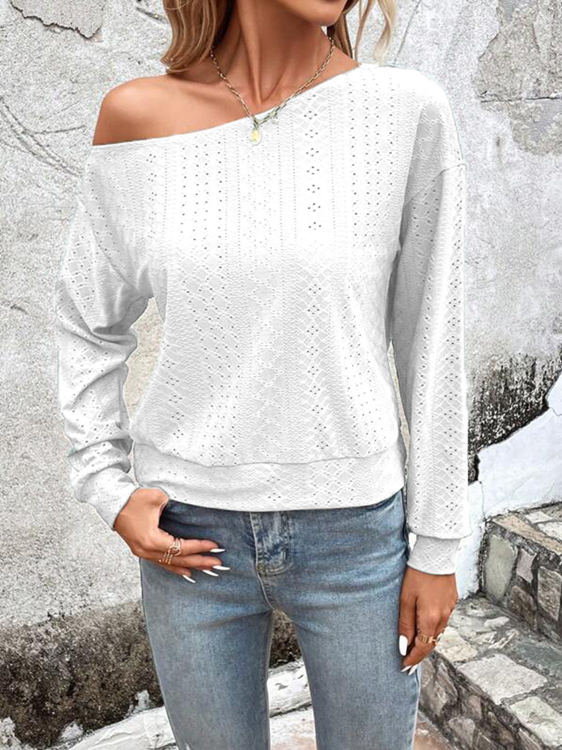 Eyelet Dropped Shoulder Blouse – Trendsi | ClozArt