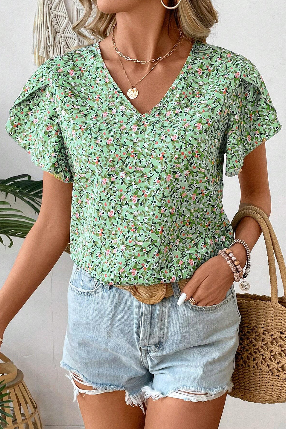 Green Boho Floral V Neck Short Sleeve Blouse – Shewin | ClozArt