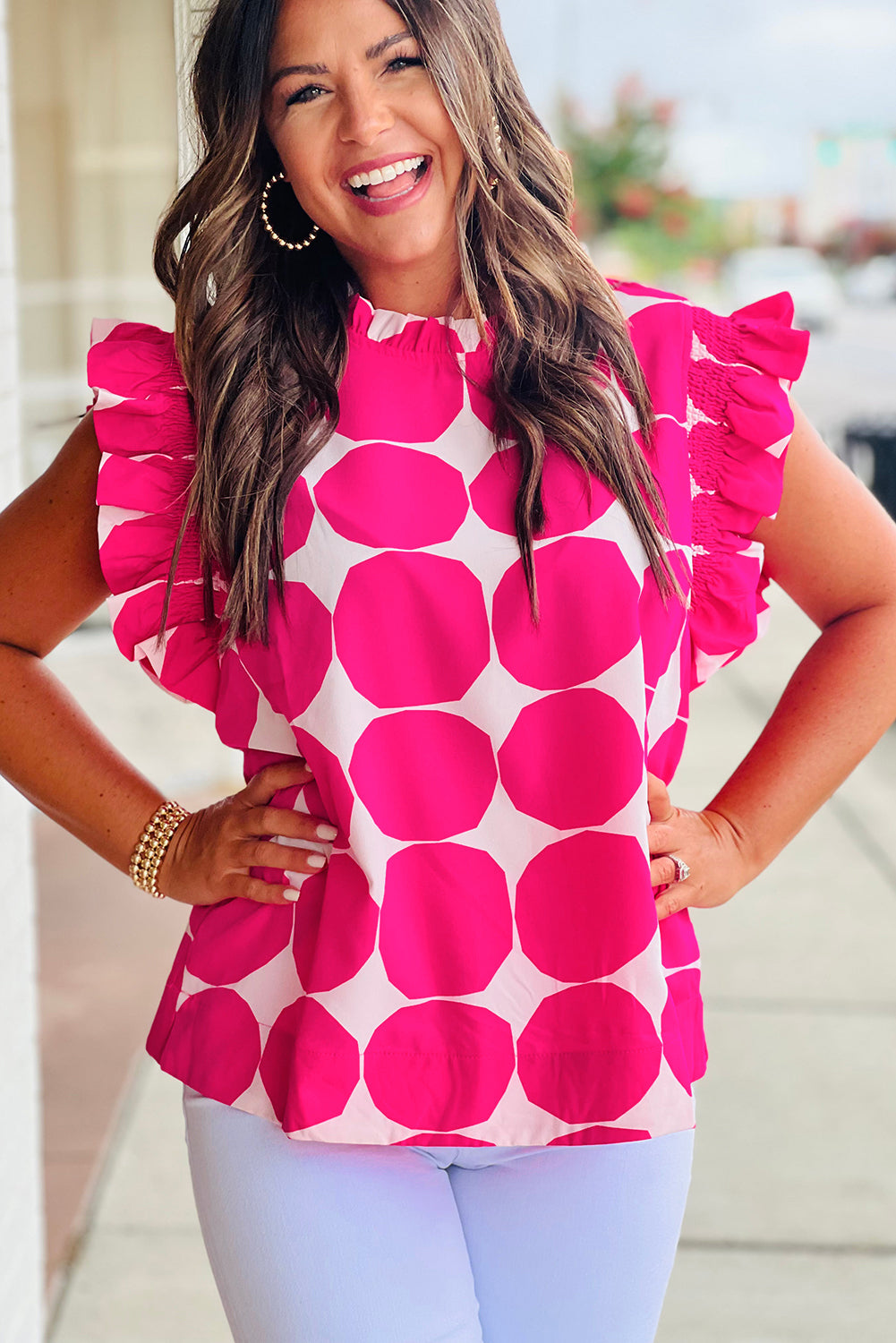 Rose Polka Dot Pattern Frill Neck Flutter Sleeve Top – Shewin | ClozArt
