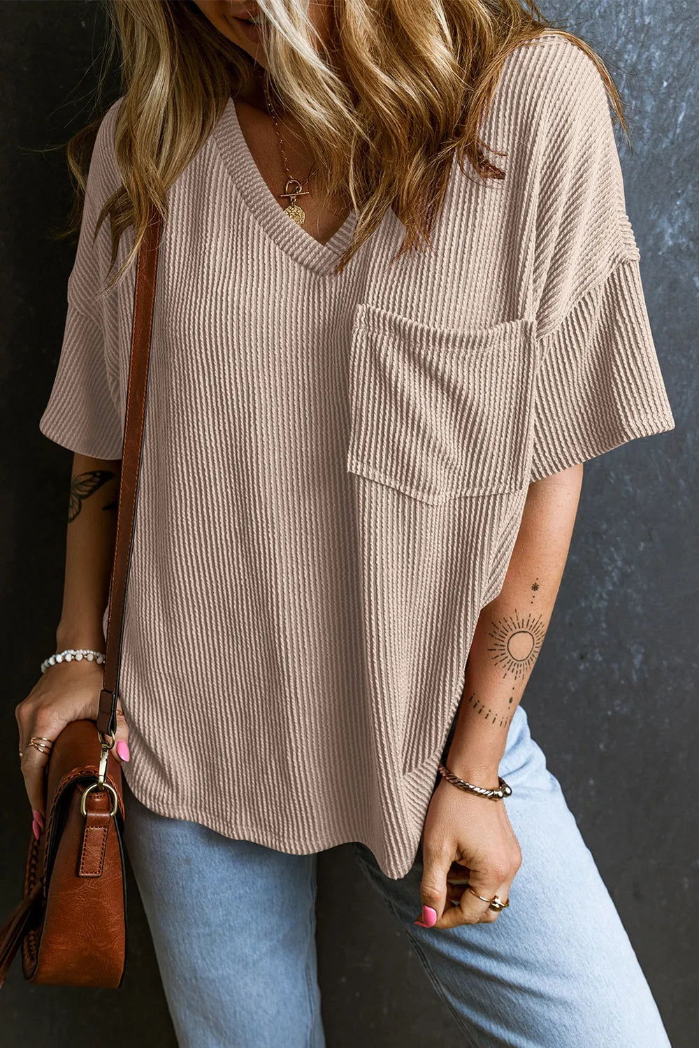 Textured V-Neck Dropped Shoulder T-Shirt – Trendsi | ClozArt