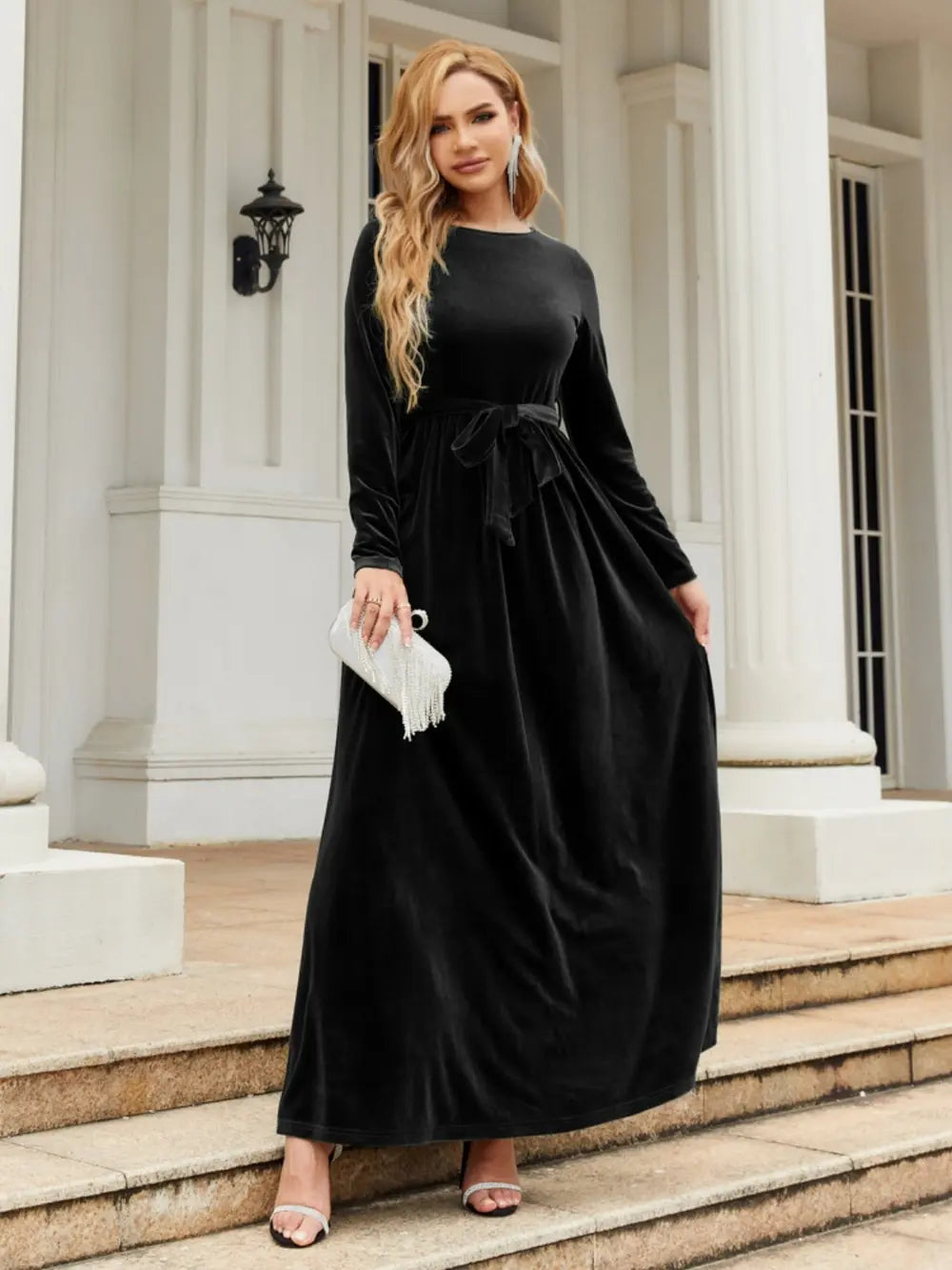 Tie Front Round Neck Long Sleeve Maxi Dress – Trendsi | ClozArt