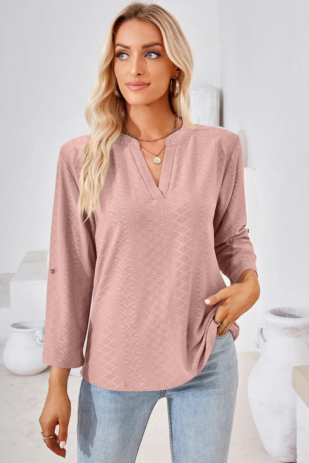 Notched Roll-Tab Sleeve T-Shirt – Trendsi | ClozArt