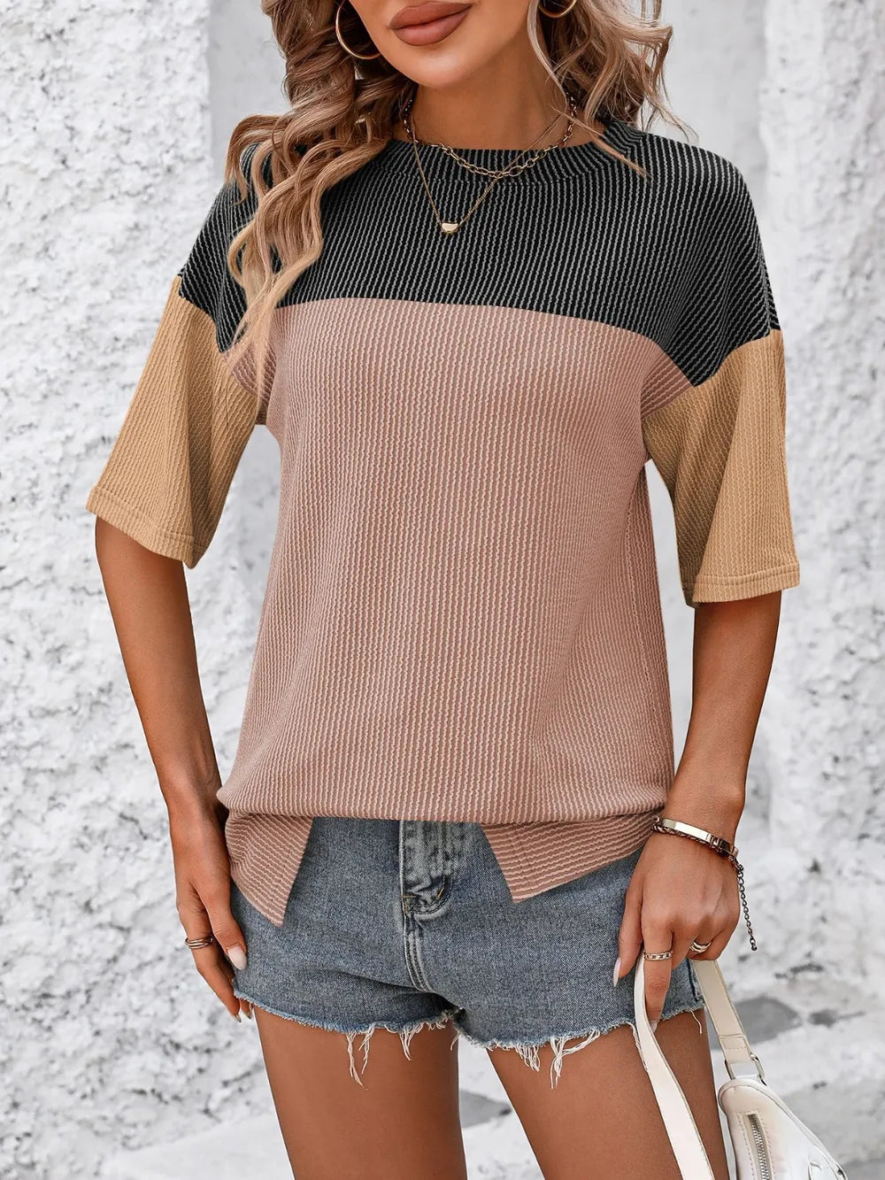 Mandy Color Block Round Neck Half Sleeve T-Shirt – Trendsi | ClozArt