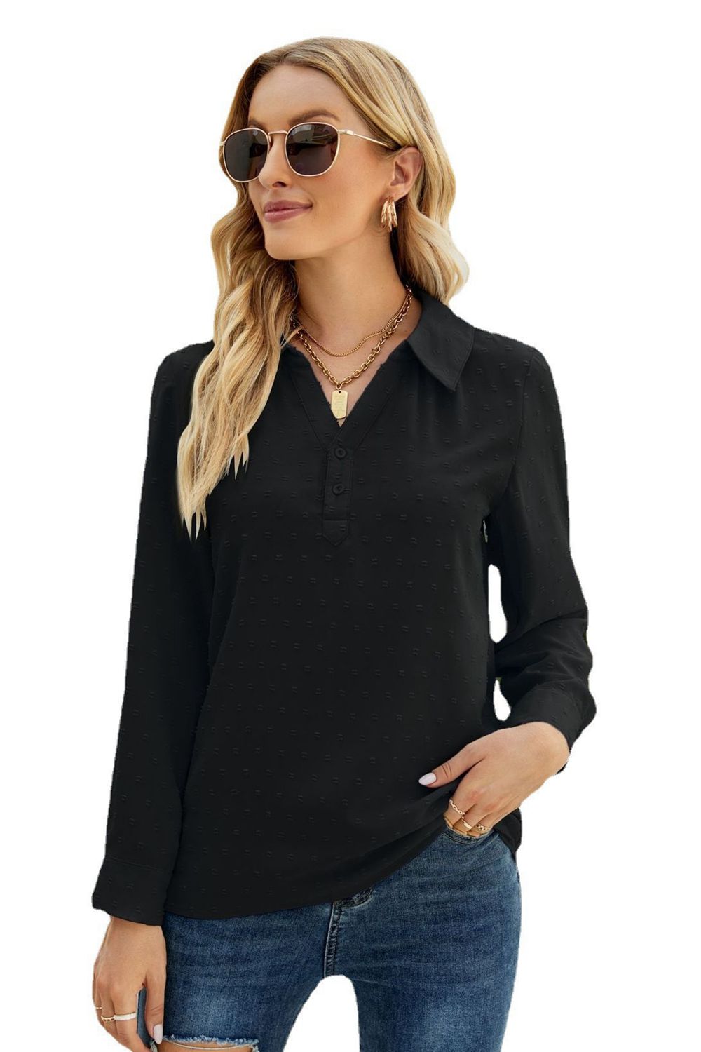Swiss Dot Johnny Collar Blouse – Trendsi | ClozArt
