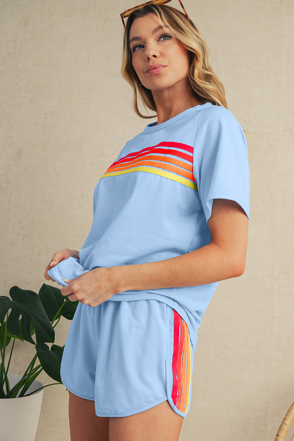 Beau Blue Colorful Striped Casual Tee – Shewin | ClozArt