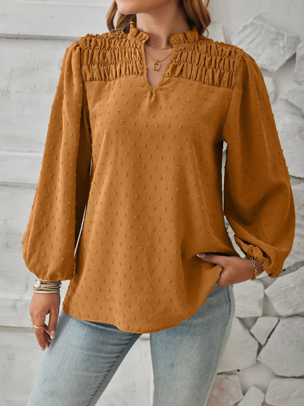 Ruched Swiss Dot Notched Balloon Sleeve T-Shirt – Trendsi | ClozArt