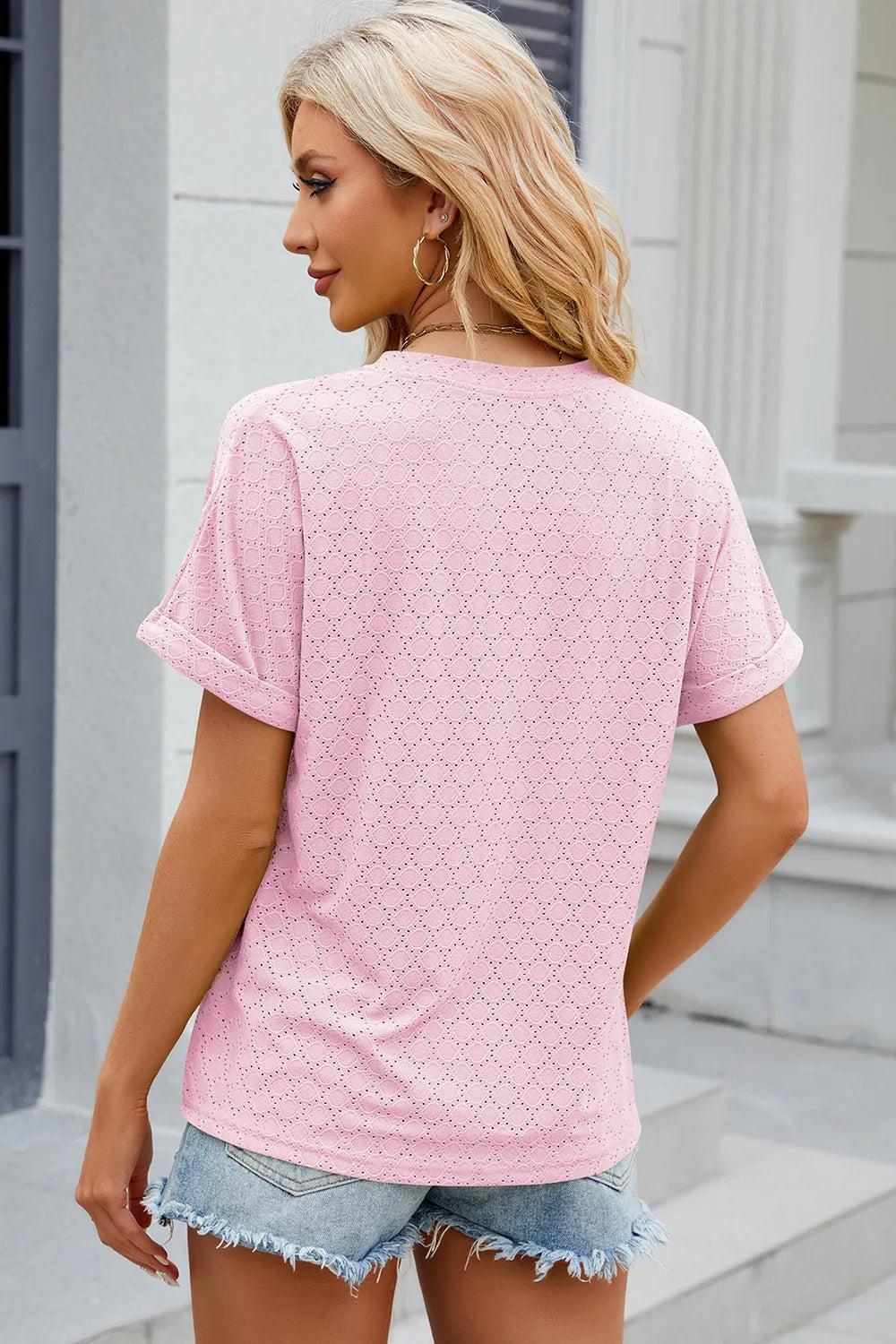 Eyelet Notched Short Sleeve T-Shirt – Trendsi | ClozArt