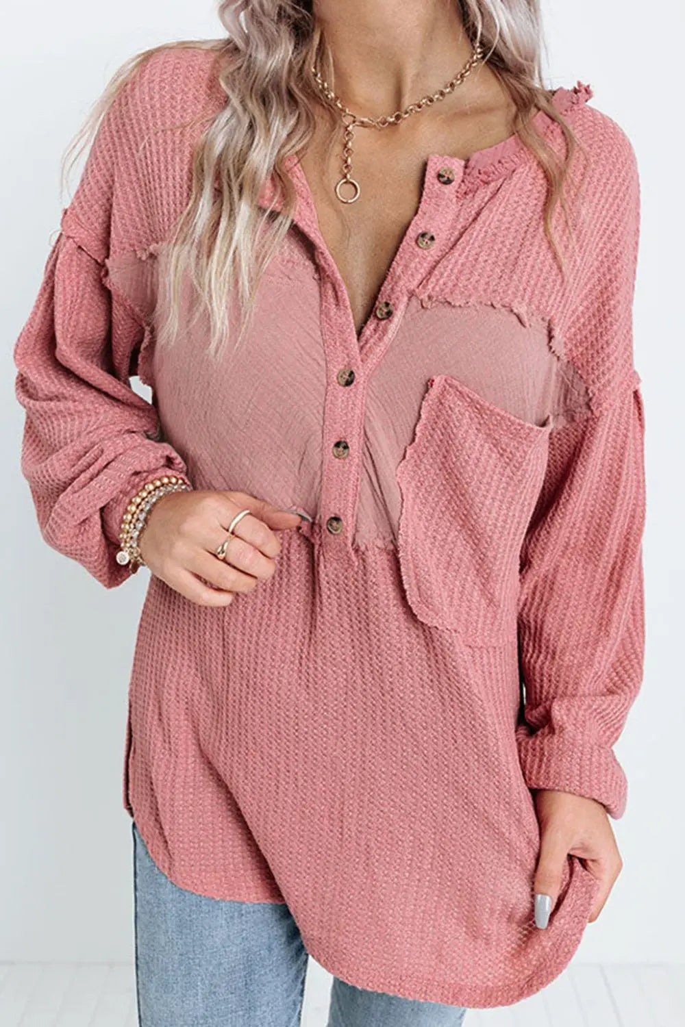 Half Button Raw Hem Long Sleeve Blouse – Trendsi | ClozArt