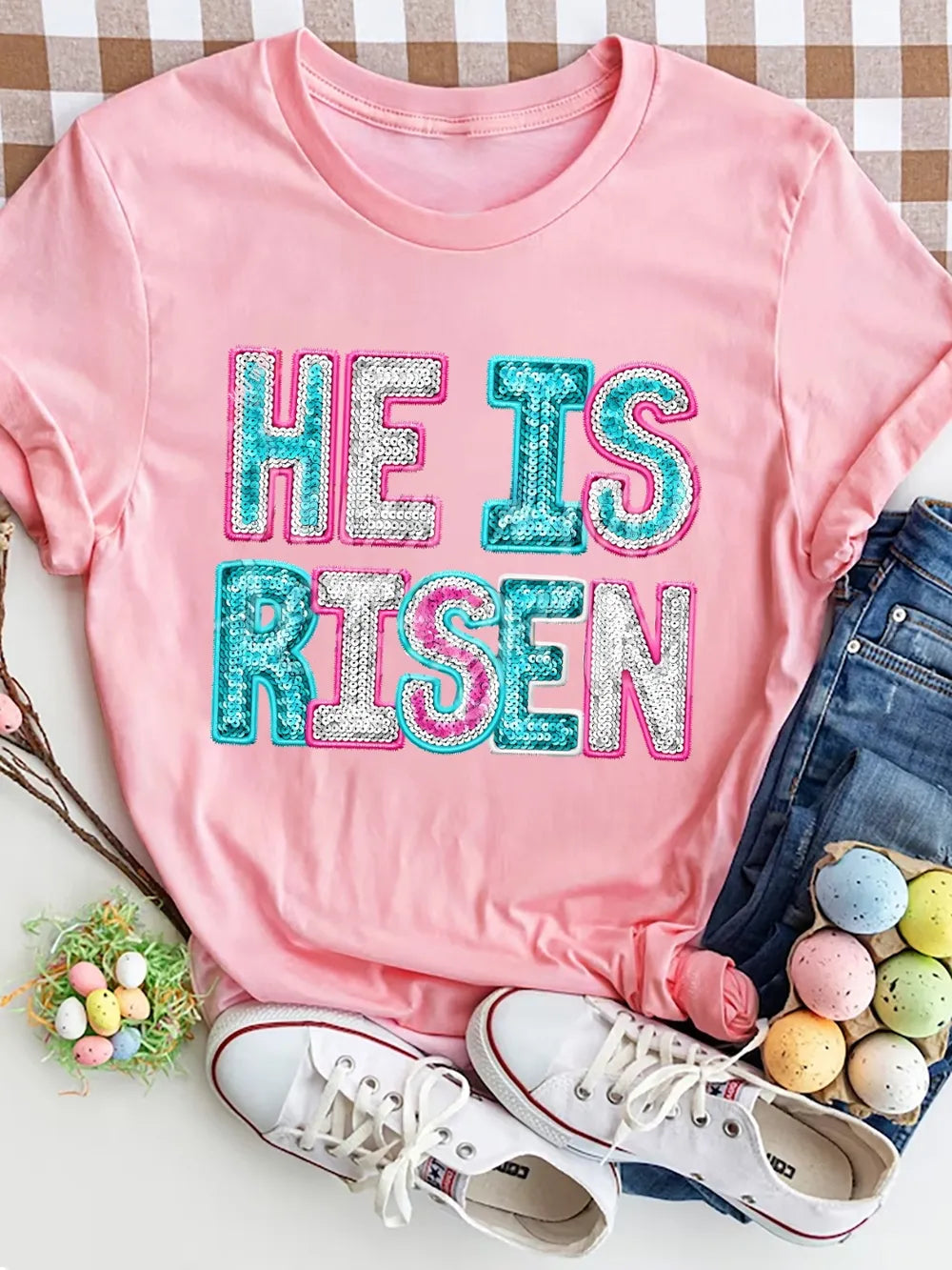 HE IS RISEN Sequin Round Neck T-Shirt – Trendsi | ClozArt