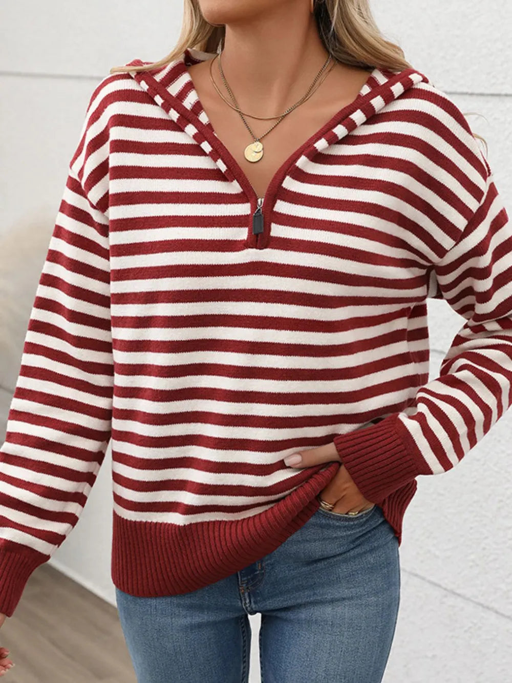 Perfee Striped Long Sleeve Hooded Sweater – Trendsi | ClozArt