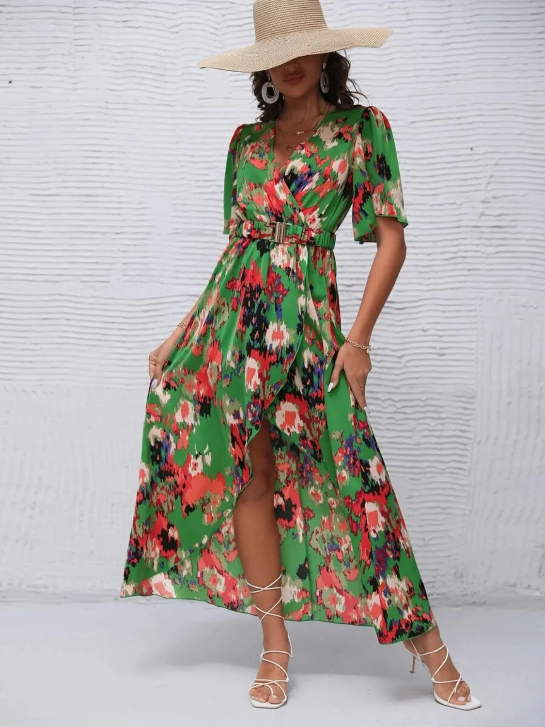 Printed Surplice Short Sleeve Maxi Dress – Trendsi | ClozArt