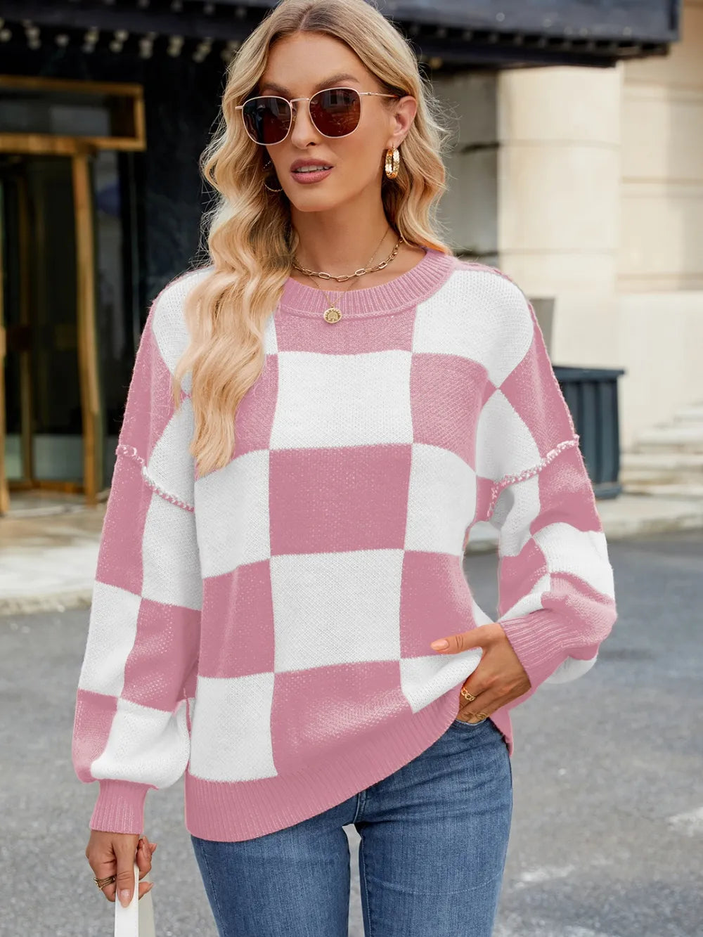 Checkered Round Neck Long Sleeve Sweater – Trendsi | ClozArt