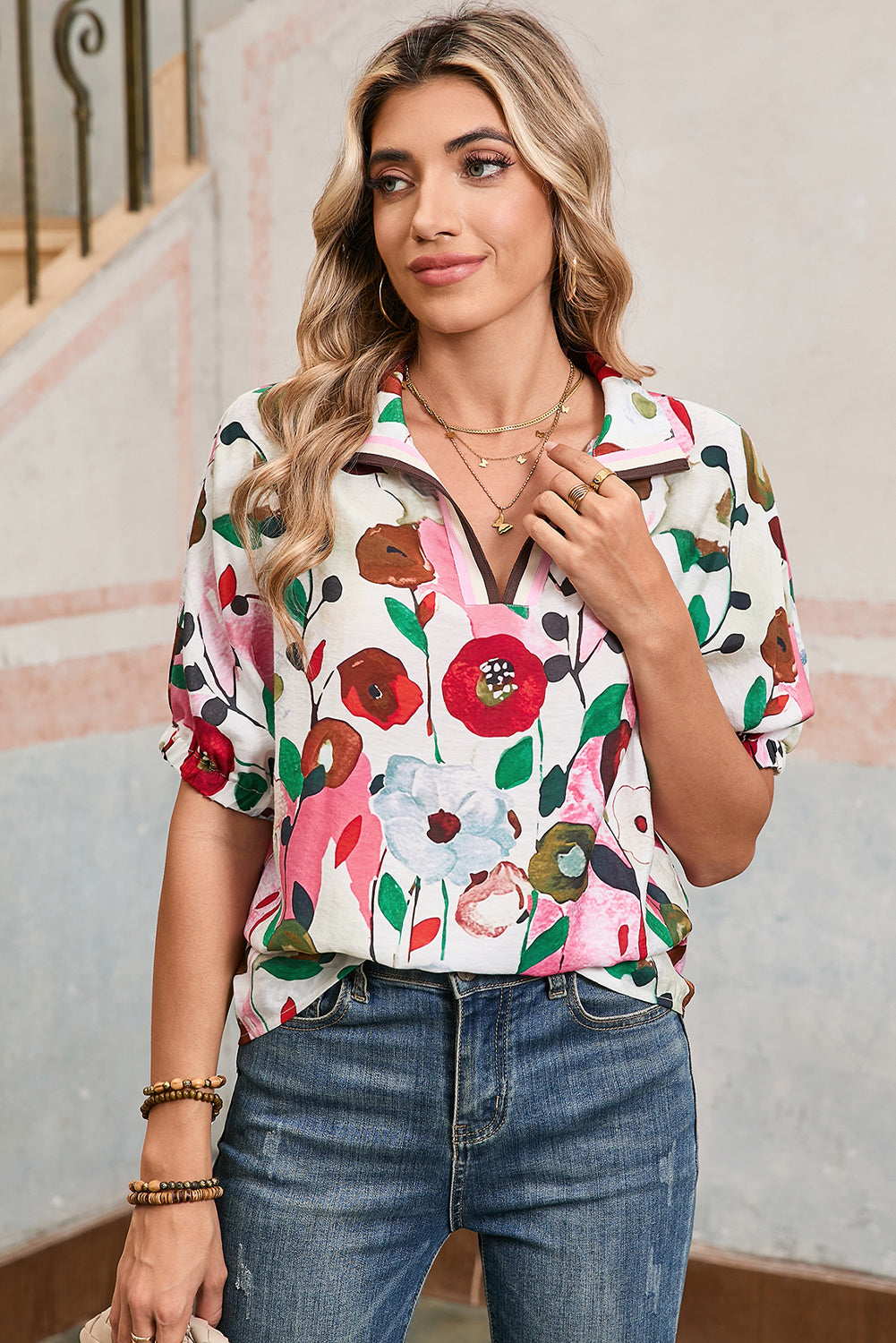 Peacock Blue Floral Print Boho Pop of Color Neckline Blouse – Shewin | ClozArt