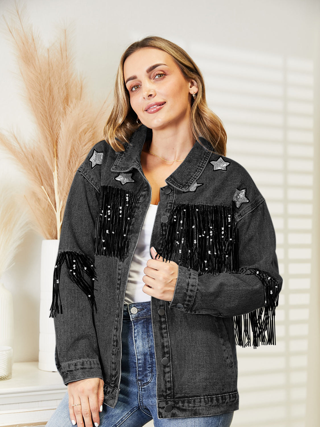 Fringe Detail Long Sleeve Denim Jacket – Trendsi | ClozArt