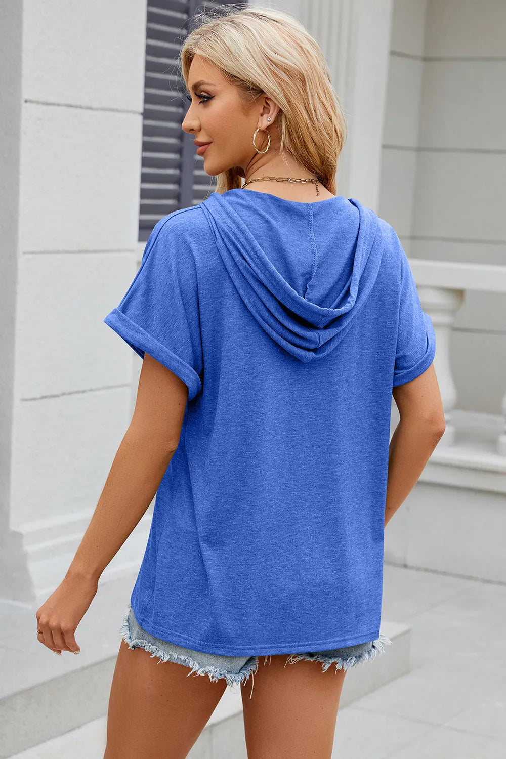 Half Button Drawstring Short Sleeve Hooded T-Shirt – Trendsi | ClozArt