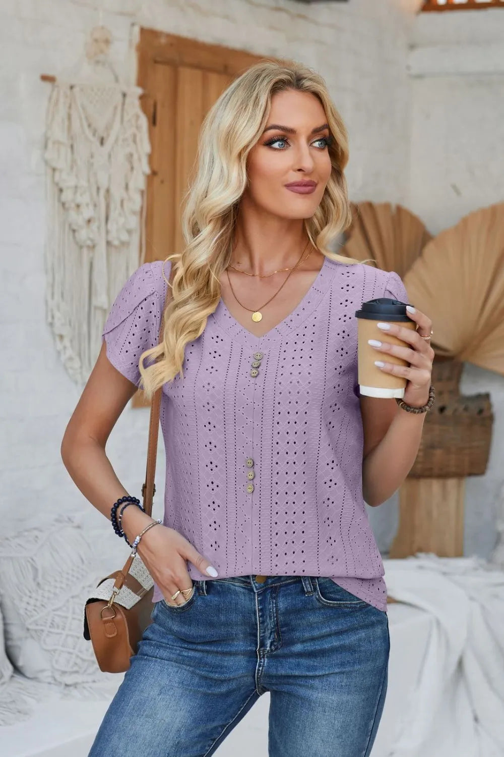 Decorative Button Eyelet V-Neck Short Sleeve T-Shirt – Trendsi | ClozArt