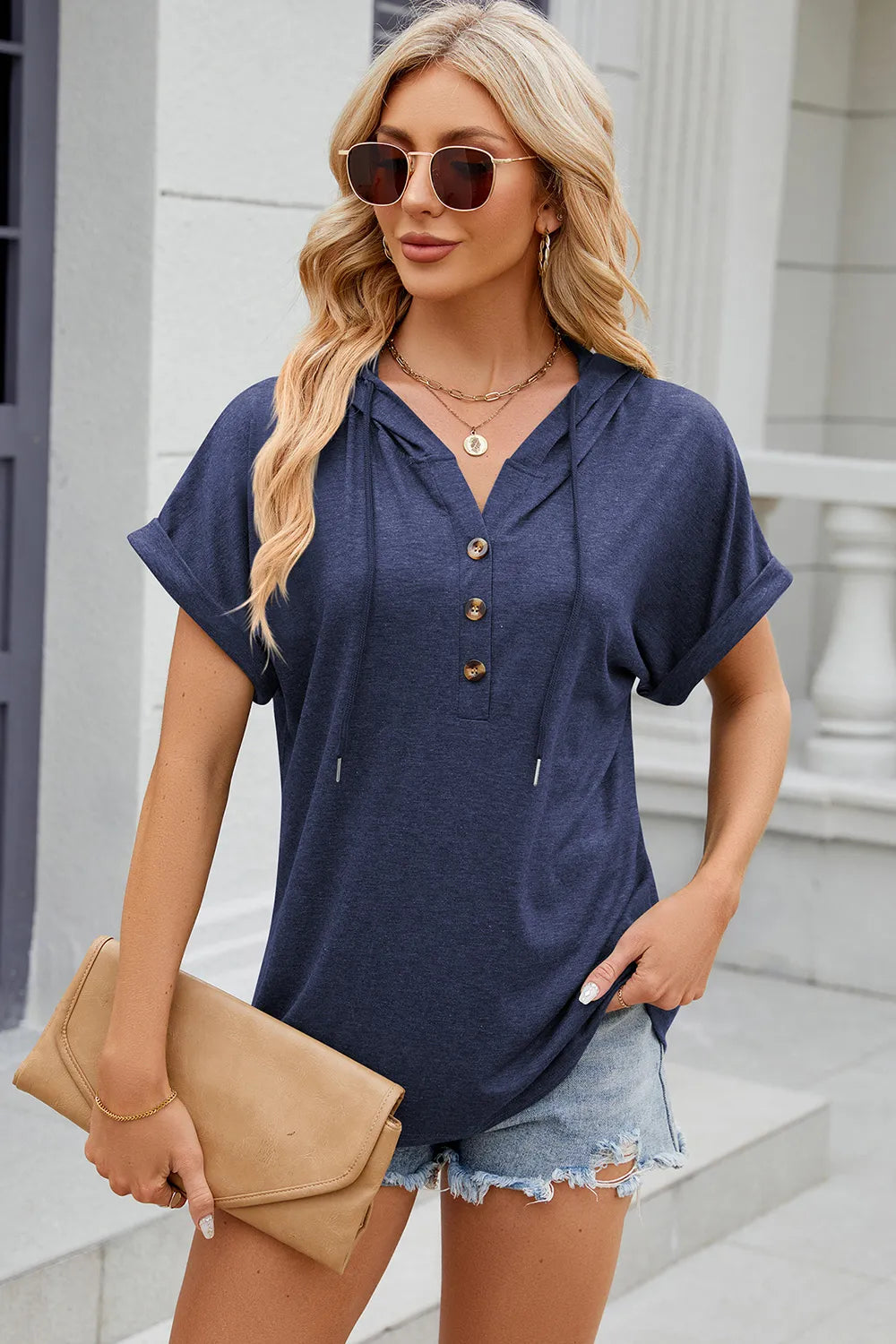 Half Button Drawstring Short Sleeve Hooded T-Shirt – Trendsi | ClozArt