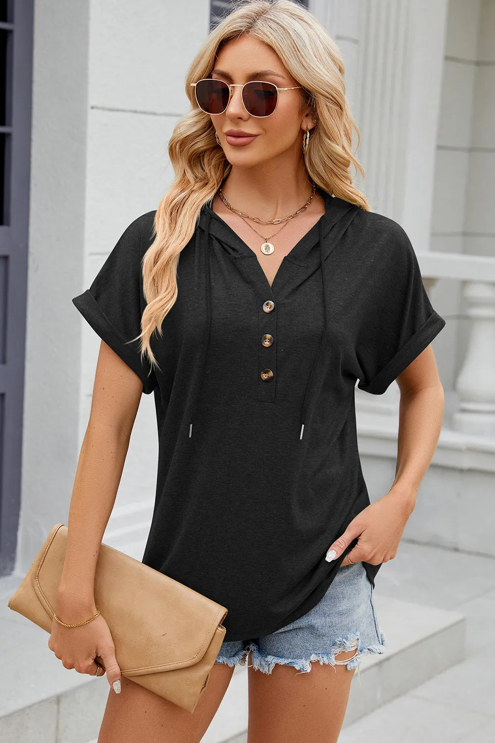 Half Button Drawstring Short Sleeve Hooded T-Shirt – Trendsi | ClozArt
