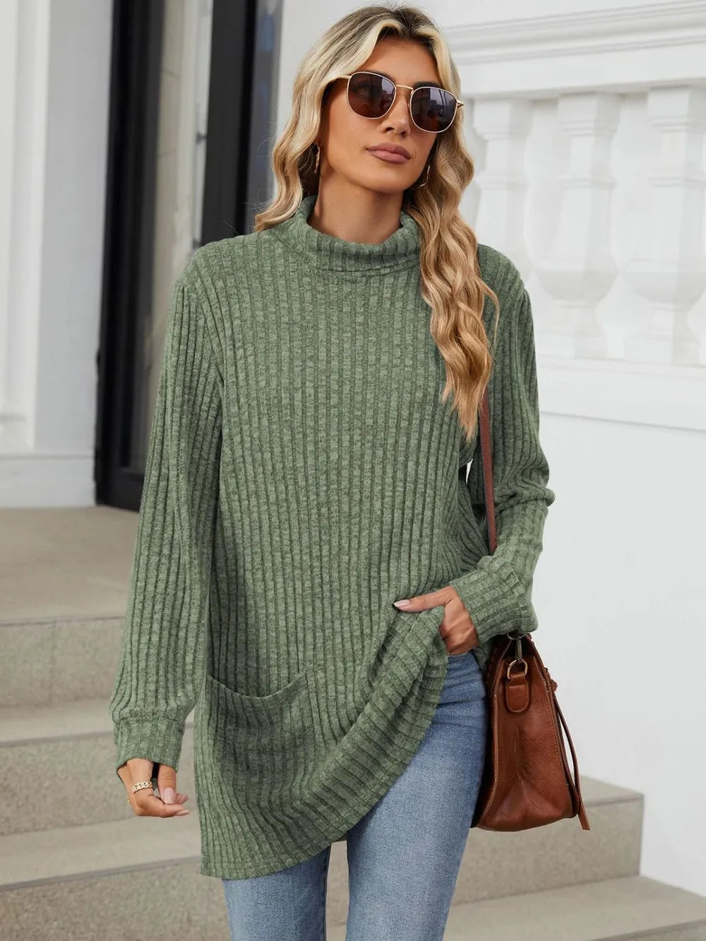 Ribbed Mock Neck Long Sleeve T-Shirt – Trendsi | ClozArt