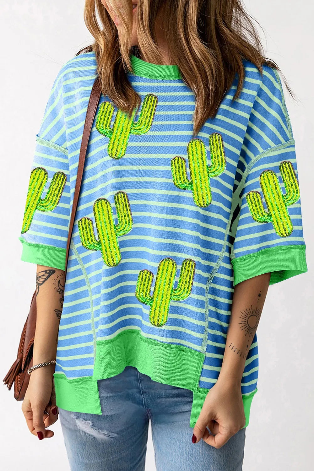Cactus Striped Round Neck Half Sleeve T-Shirt – Trendsi | ClozArt