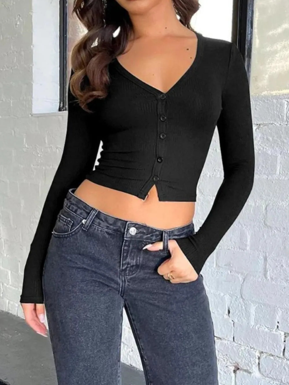 Buttoned V-Neck Long Sleeve T-Shirt – Trendsi | ClozArt