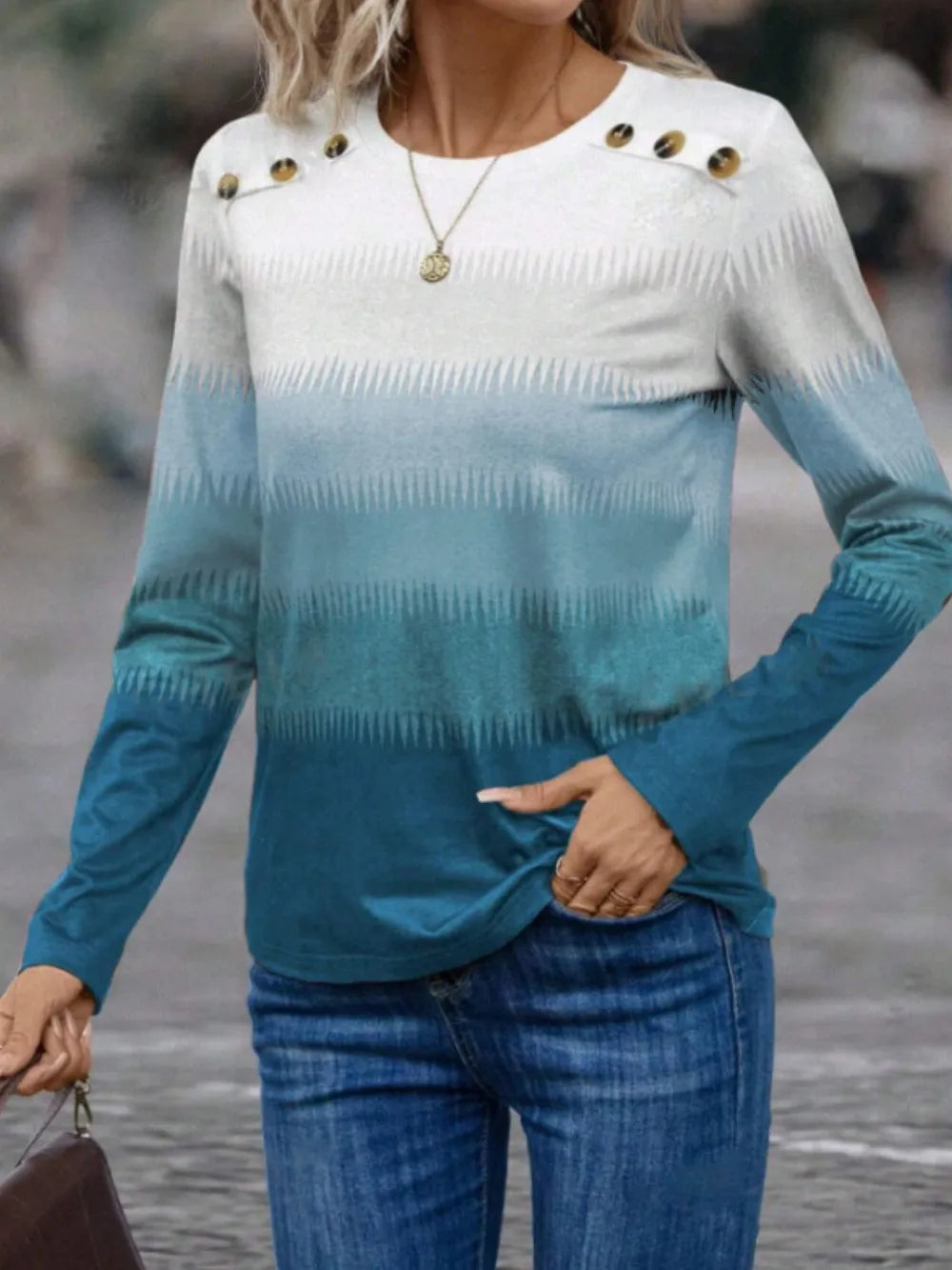 Decorative Button Contrast Round Neck Long Sleeve T-Shirt – Trendsi | ClozArt