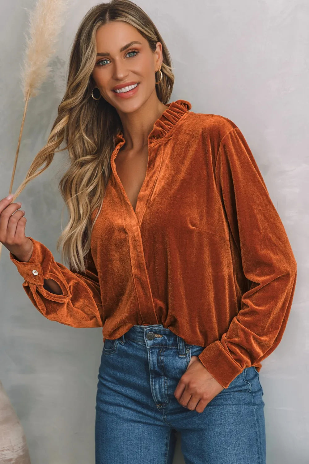 Notched Frill Detail Long Sleeve Blouse – Trendsi | ClozArt