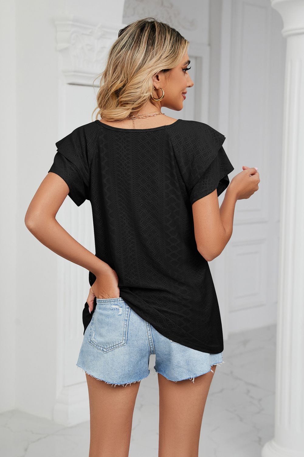 Eyelet Layered Flutter Sleeve V-Neck Knit Top – Trendsi | ClozArt