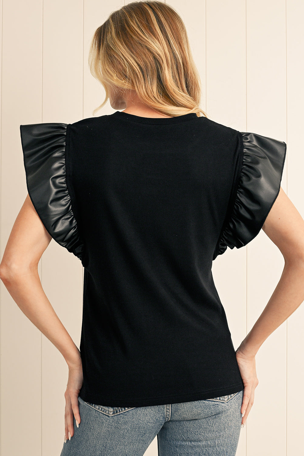 Black Leather Ruffle Shoulder Plain Blouse – Shewin | ClozArt